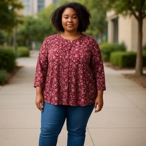 Style & Co Womens 2X Floral Henley Top Burgundy Long Sleeve Knit Blouse NWT
